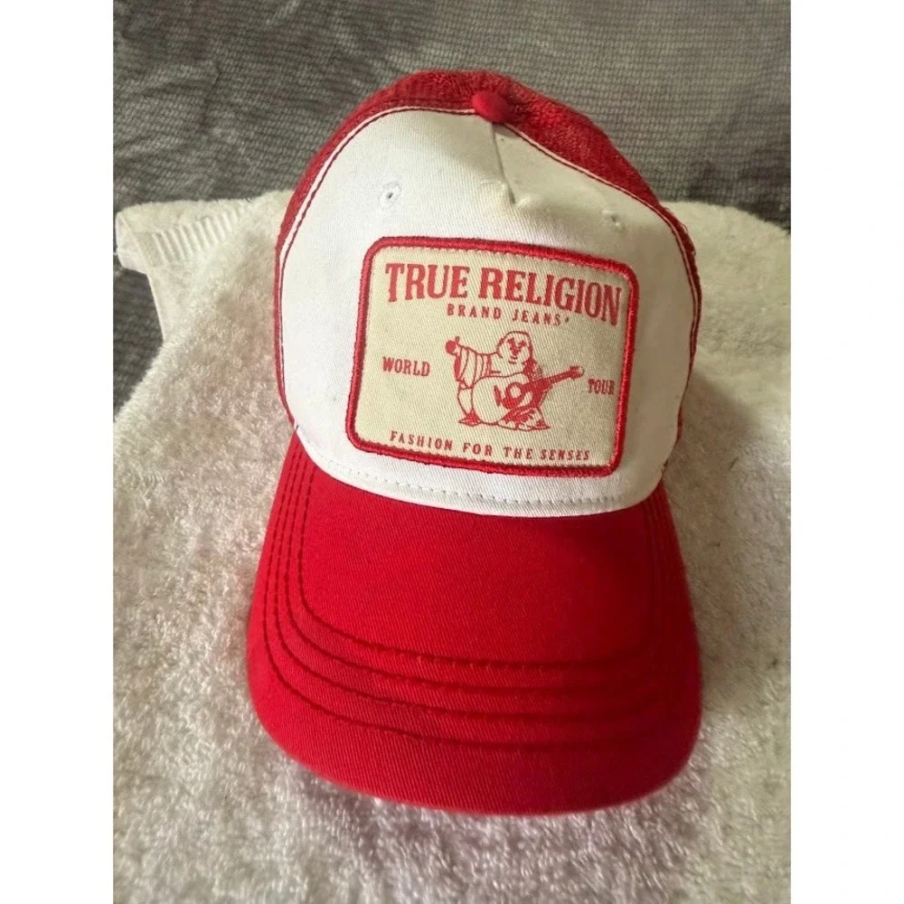 True Religion World Tour Buddha Trucker Hat Red White Mesh Snapback Cap